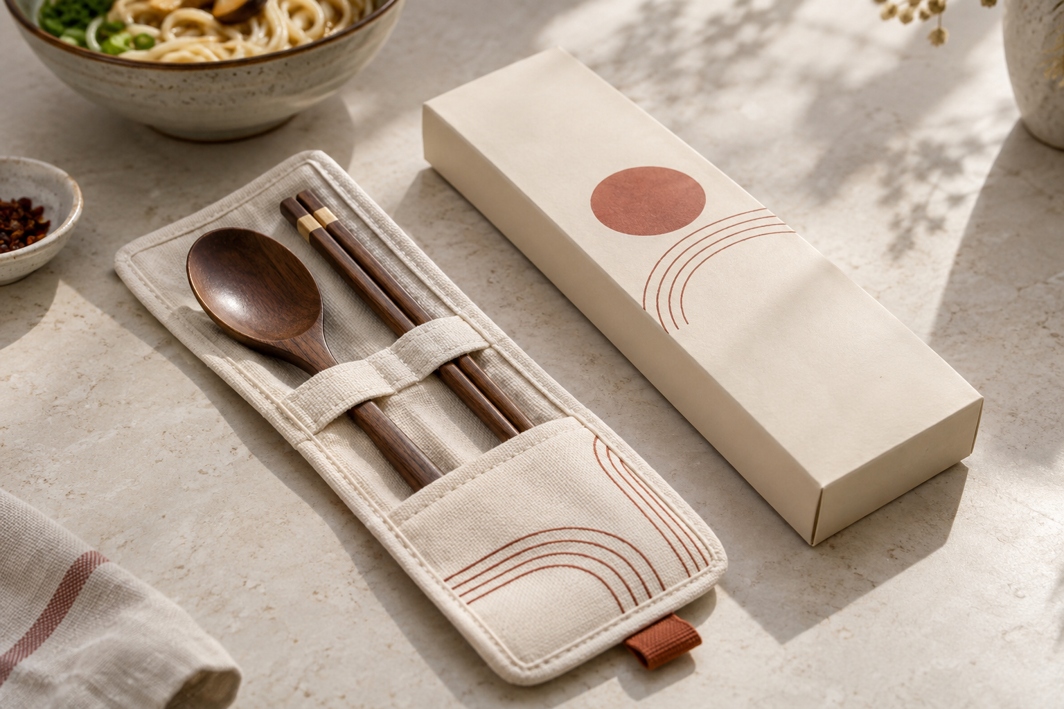 Reusable spoon-and-chopstick set + travel sleeve campaign concept